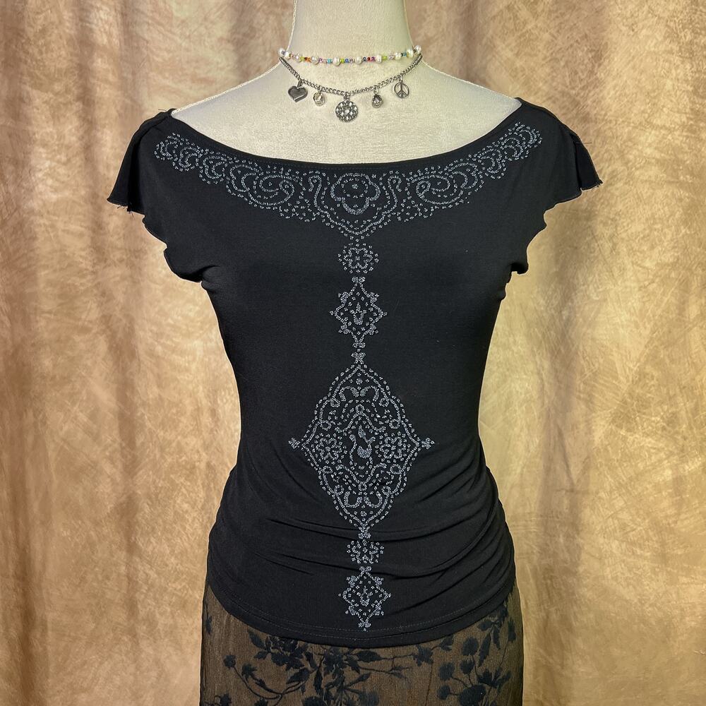 Beaded Whimsigoth Top Black Wide Neck Rocaille Flutter Sleeve Vintage Y2K Goth